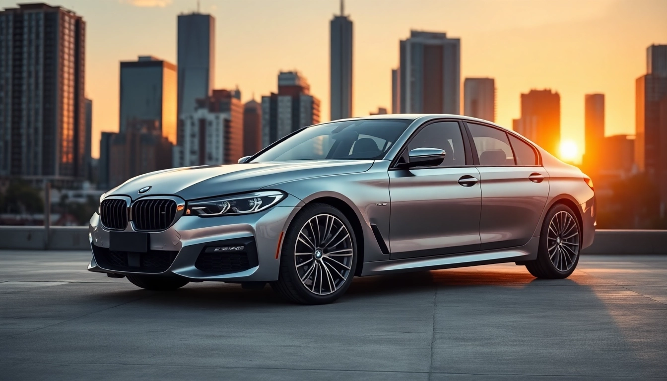 Admire the luxurious features of this Luxury BMW car set against a stunning urban sunset backdrop.