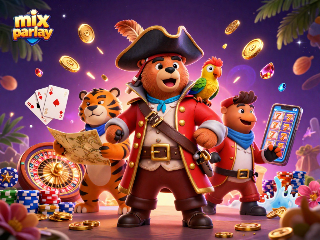 Engage in mix parlay betting strategies with a vibrant scene featuring pirate and tiger characters amidst casino elements.