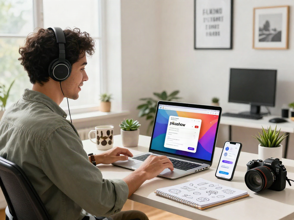 Download Pikashow Apk on a laptop while discussing app features in a modern office workspace.