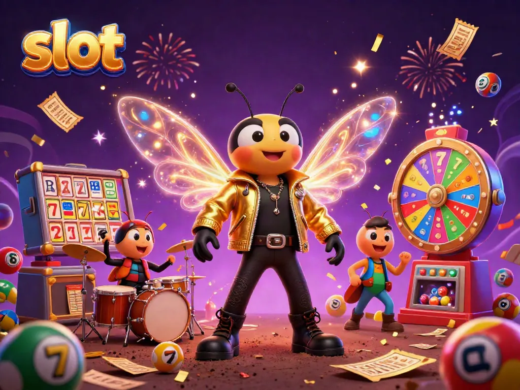 Menggoda uang melalui slot dengan cicada rock star dalam ilustrasi 3D kartun yang ceria dan penuh warna