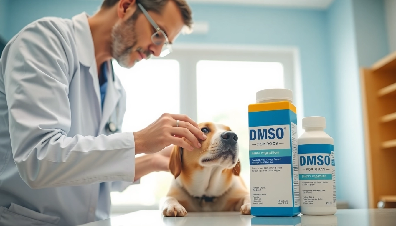 Applying DMSO for dogs in a veterinary clinic, highlighting care and attention.