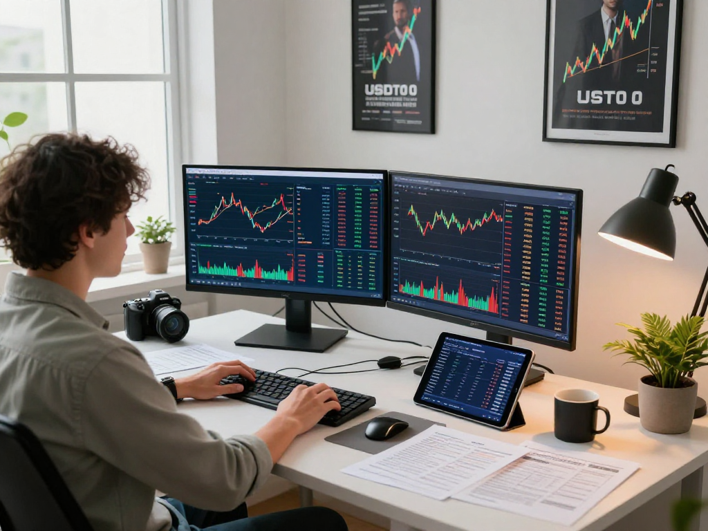 Person analyzing USDT0 performance metrics in a modern home office with multiple screens