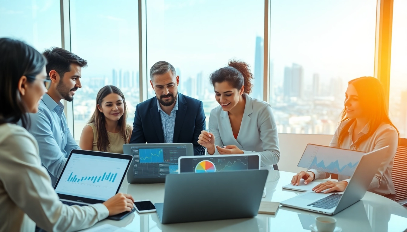 Engaging financial services website Dubai AI with professionals collaborating using AI tools in a modern office.