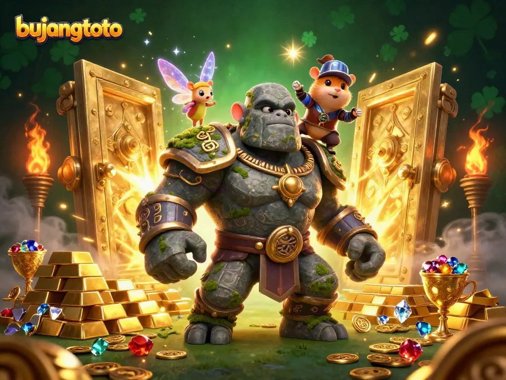 Engage with bujangtoto through a magical casino illustration featuring a golem, fairy, and hamster knight.