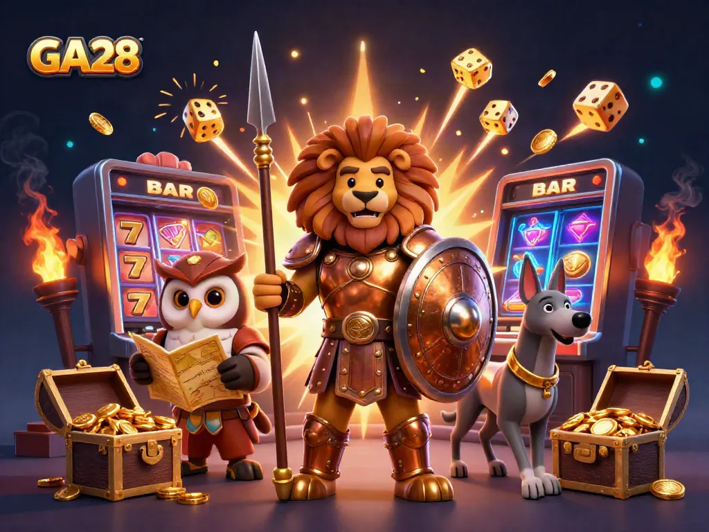 Experience the thrill of GA28 with a vibrant, dynamic 3D casino scene featuring dramatic elements from the gaming world.