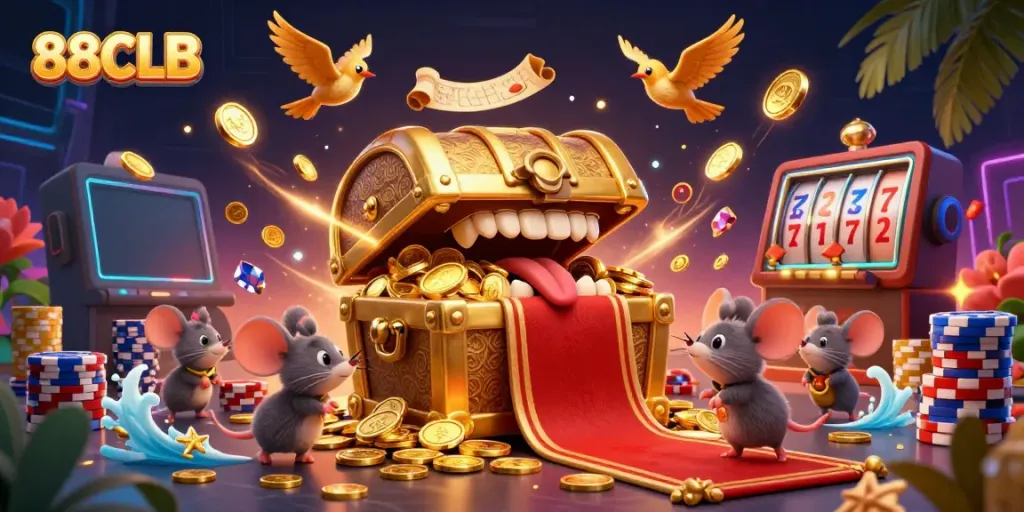 Win big at 88CLB with a thrilling treasure chest surrounded by casino elements.