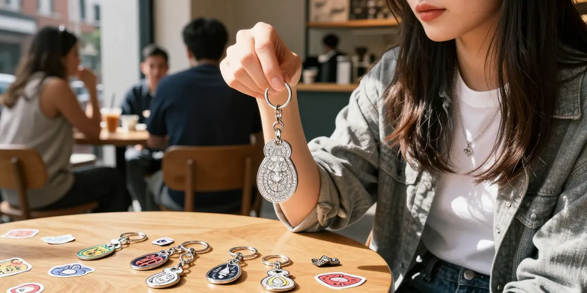 Woman showcasing a sparkling diamond keychain among vibrant custom accessories in an urban café.