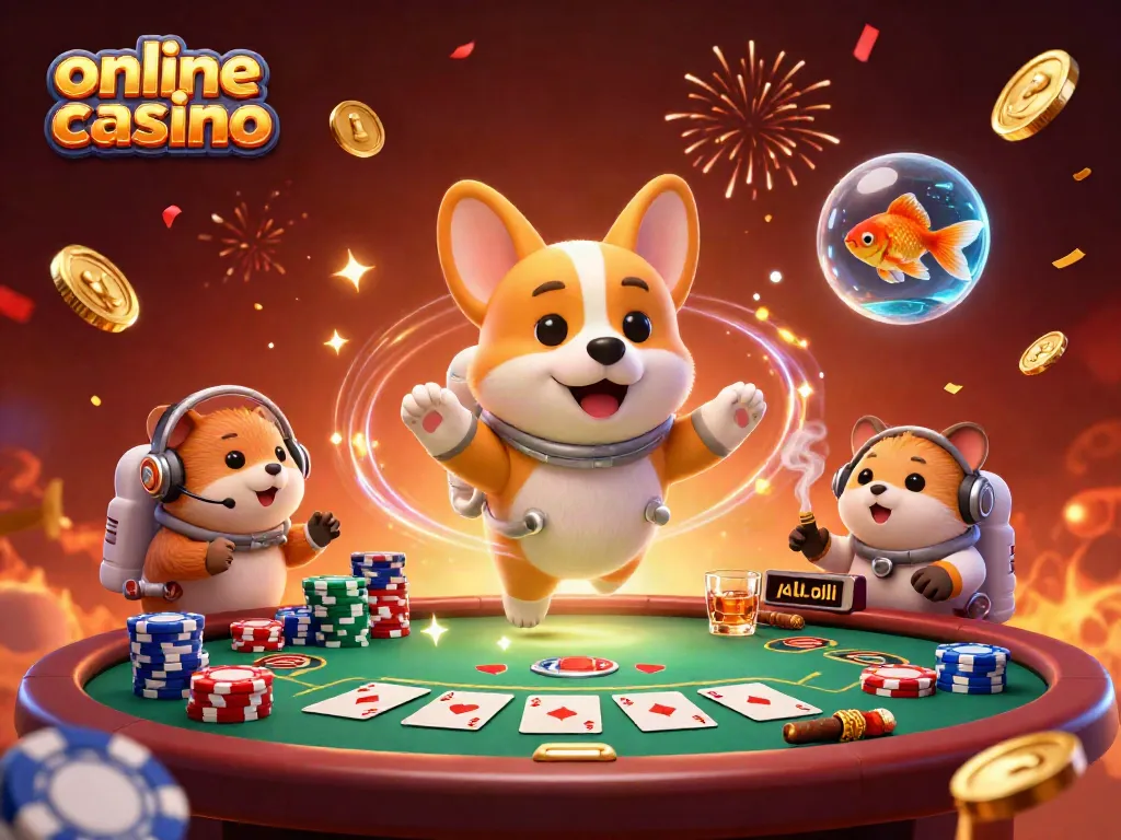 Experience an online casino adventure with a corgi in space amidst poker chips and golden coins.