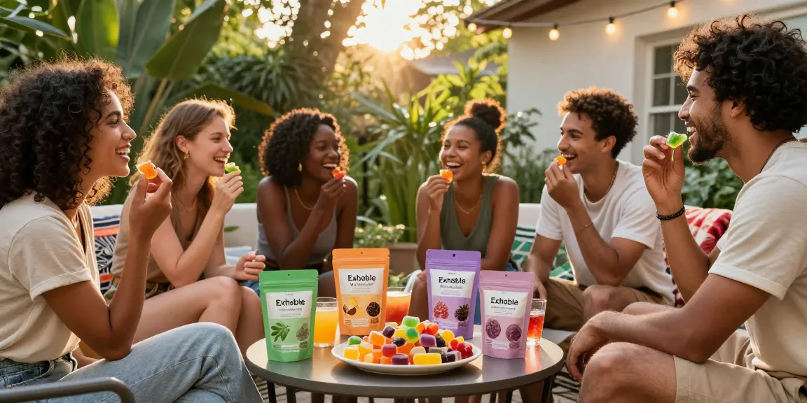 Enjoying the best THC gummies with friends in a cozy outdoor gathering, featuring colorful Exhale Wellness gummies.