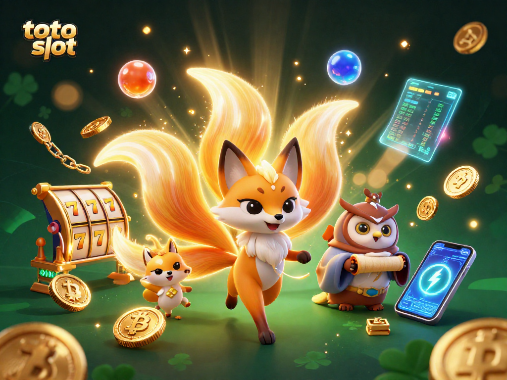 Toto slot menampilkan ilustrasi 3D kartun dengan fox sembilan ekor dan simbol jackpot bersinar.