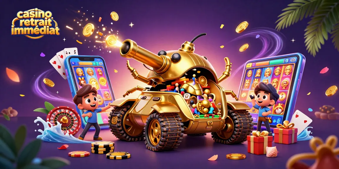 Casino retrait immédiat avec un tank en or révélant un mini casino animé avec des pièces et des confettis.