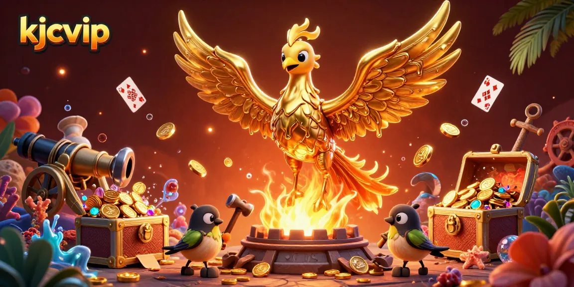 KJC VIP showcases a golden phoenix among dynamic casino treasures, illustrating vibrant gaming experiences.