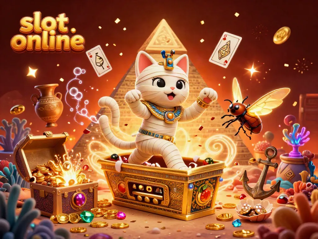 Spin the reels with the enchanting Egyptian mummy cat and glowing scarab beetle in this dynamic slot online illustration.