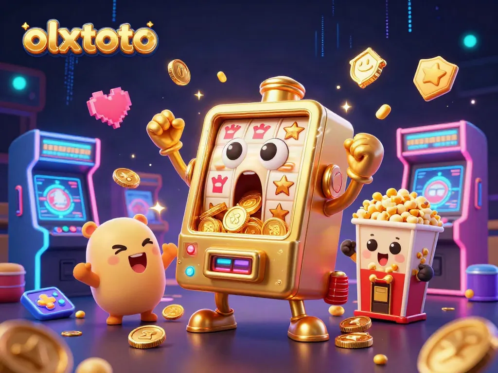 OLXTOTO menghadirkan slot mesin emas ceria yang terbuka jackpotnya, dikelilingi elemen permainan 3D yang mencolok.