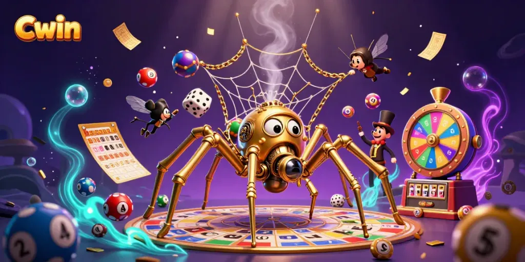 Cwin's dynamic steampunk scene showcases a spider web of luck amidst vibrant lottery activities.