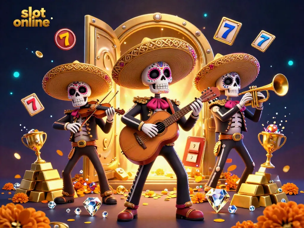 Experience thrilling slot online games with a vibrant mariachi band amidst treasure-filled elements.