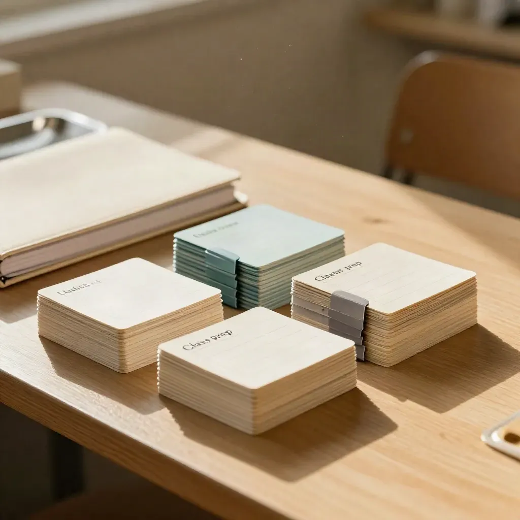 Sorted study cards, notebook, and divider tabs on a warm desk in soft light