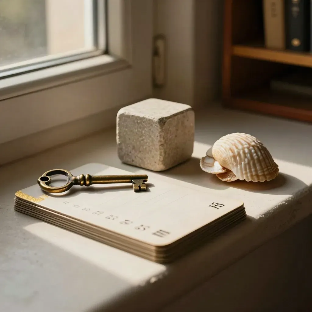 Brass key, stone cube, shell and flashcard decks on a warm plaster ledge in late-afternoon light.