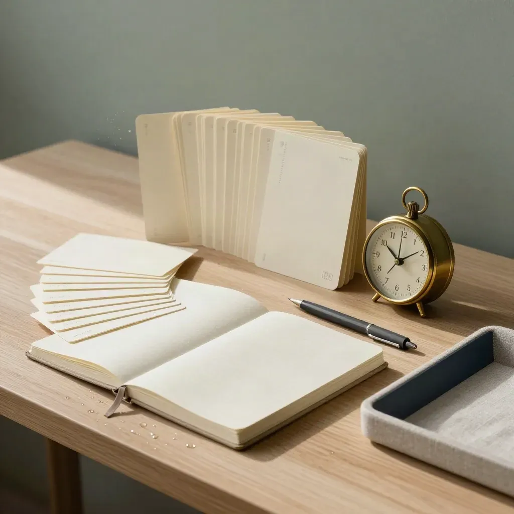 Dramatic study-planning still life with index cards, timer, notebook and pen on pale oak.