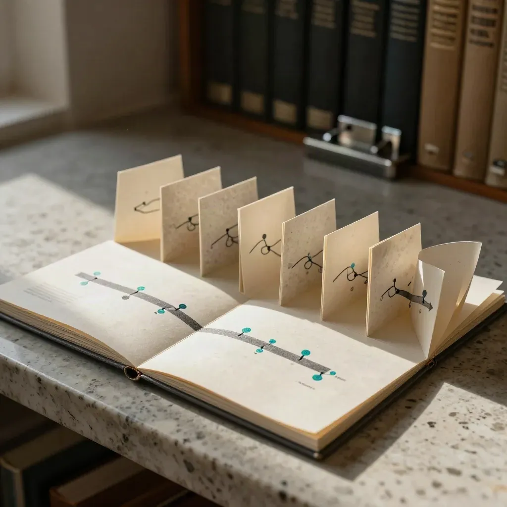 Accordion course-plan cards unfolded on pale stone with teal milestone dots in dramatic side light.