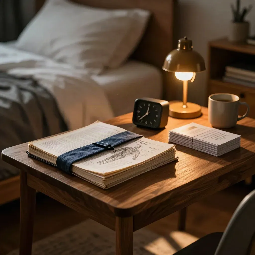 Cozy med-student study nook with review stack, closed atlas, timer, and flashcards in warm evening light.