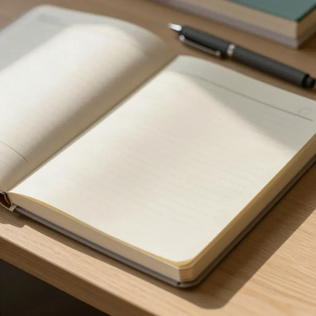 Overhead cream MBA notebooks with tabs and a graphite pen on pale oak, softly lit