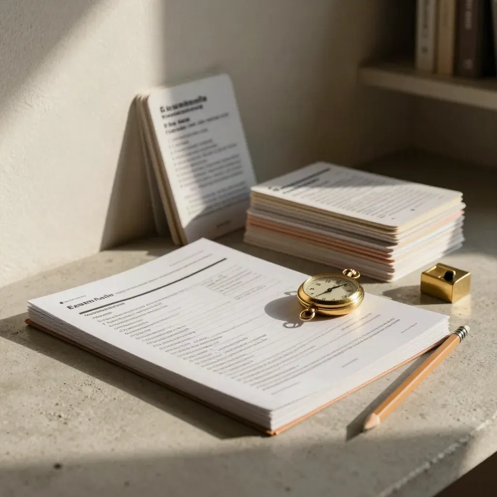 Exam prep study kit with booklet, timing dial, topic cards and pencil on pale concrete.