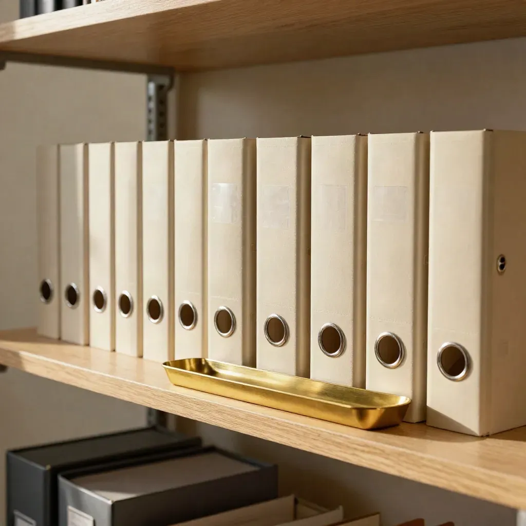Blank binders, divider tabs, and brass tray on a pale oak shelf