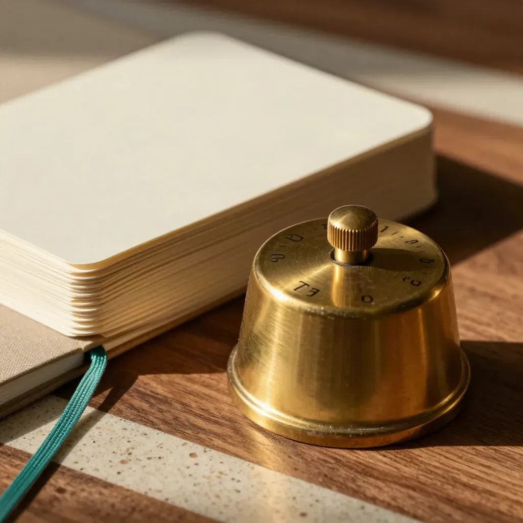 Brass timer, flashcards and linen notebook corner on walnut in macro detail