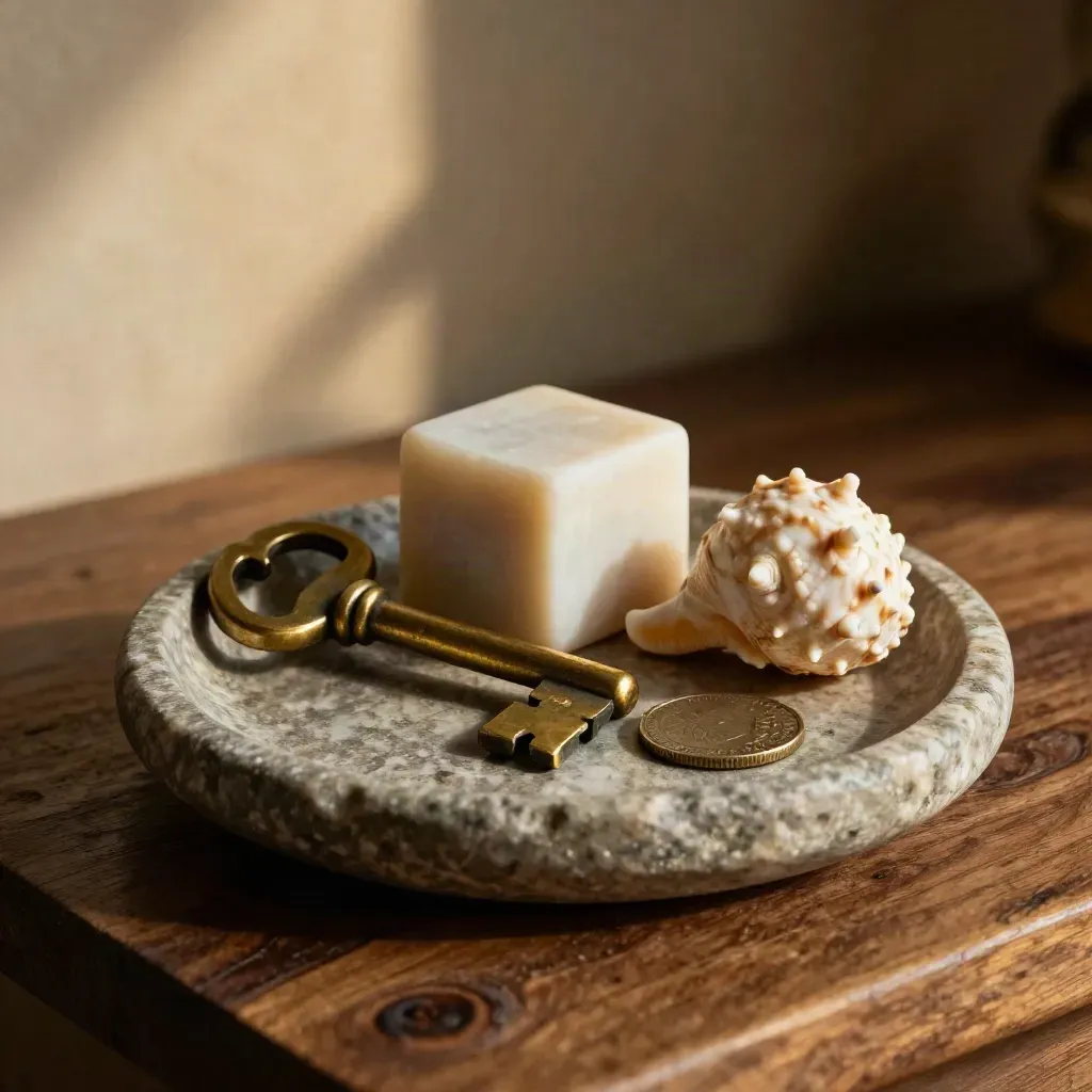 Stone dish with key, cube, shell and coin in dramatic memory-coach still life.