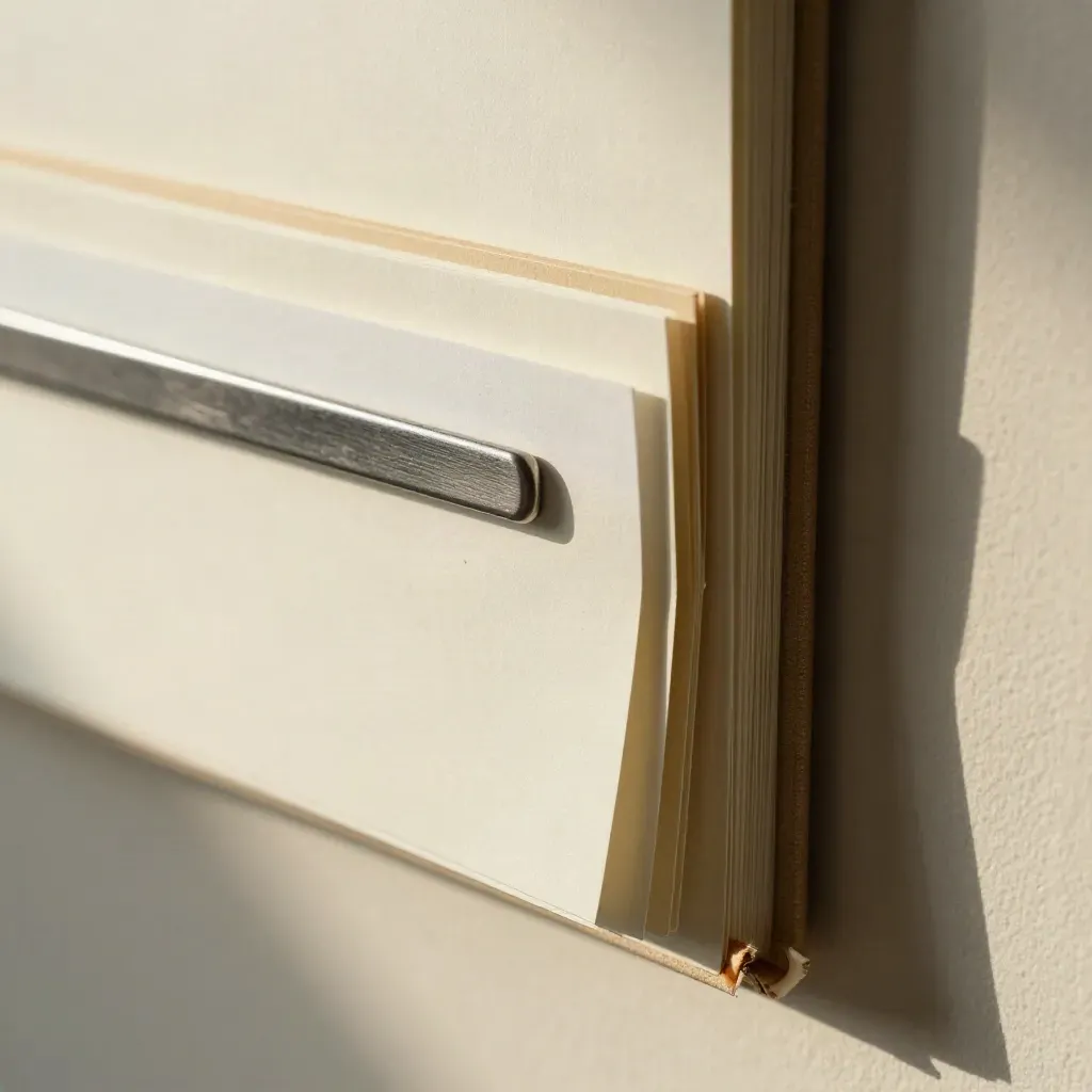 Close-up of tabbed note dividers, a clip rail and cream binder on plaster under raking light.