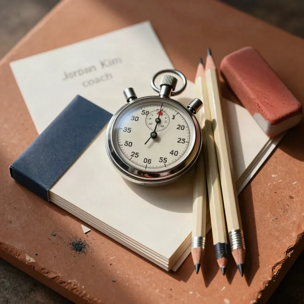 Top-down still life of stopwatch, pencils, eraser and answer-card sleeves on terracotta.