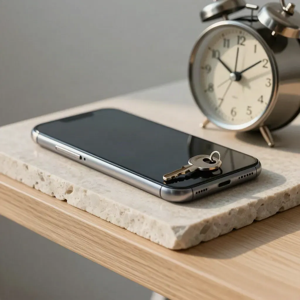 Face-down phone, slim clock, and key ring on pale stone in soft side light.