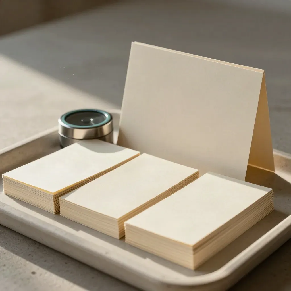 Audit tray with card piles, timer, and upright folded card on pale plaster.