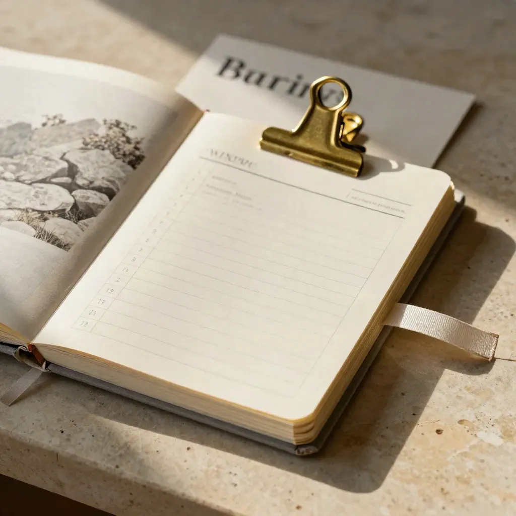 Overhead flatlay of weekly planning blocks, brass clip, and cream notebook on limestone.