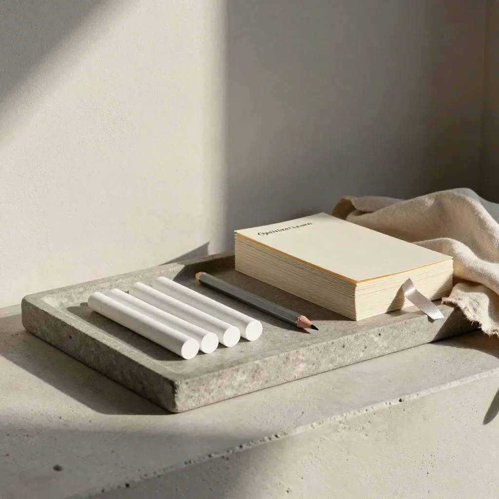 Stone tray with check tokens, pencil stub and ribbon-bookmarked cards on a concrete ledge.