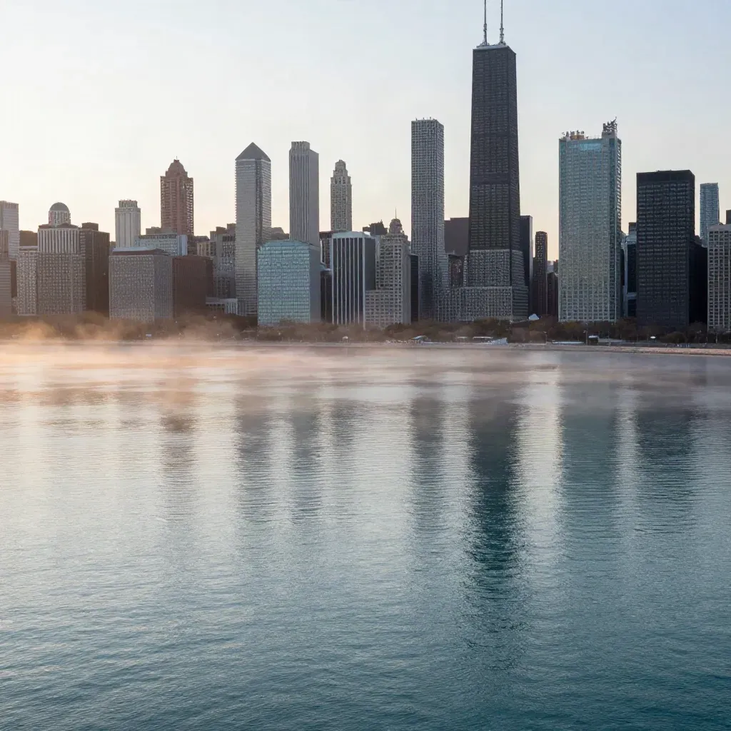 Chicago skyline over Lake Michigan in soft sunrise haze, calm water below for copy space