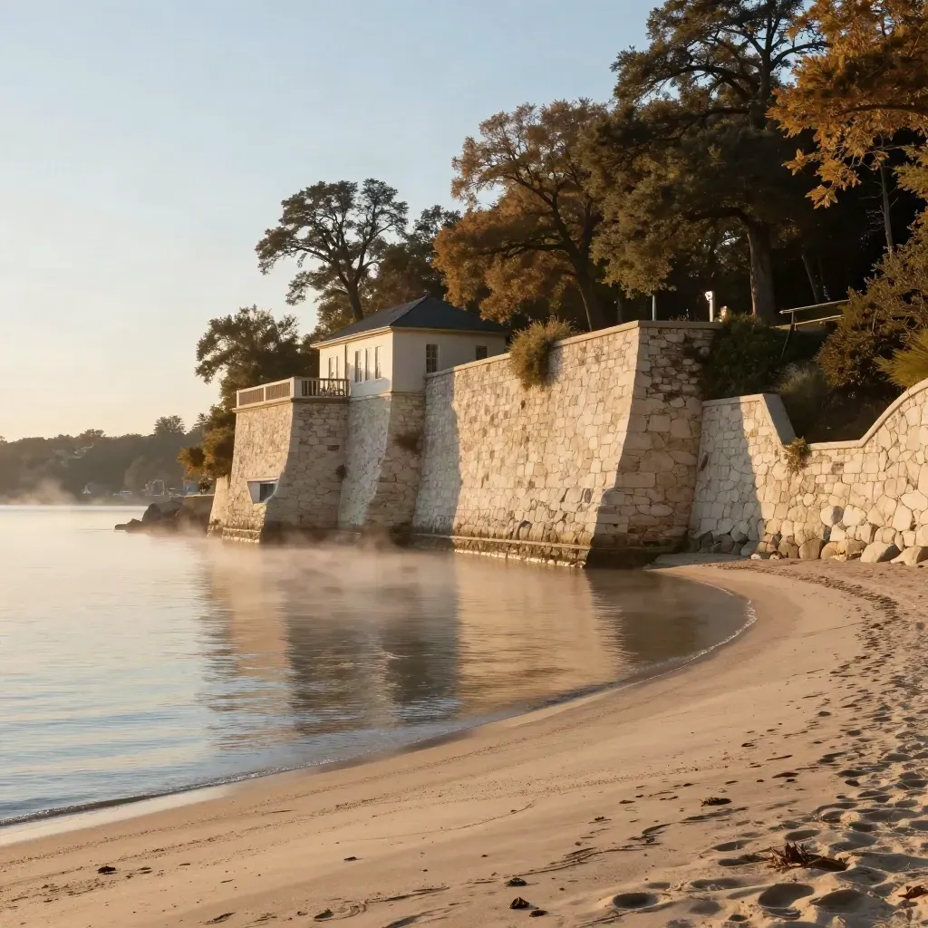 Golden North Shore lakefront with stone bluff, rooflines and misty trees above a calm shoreline