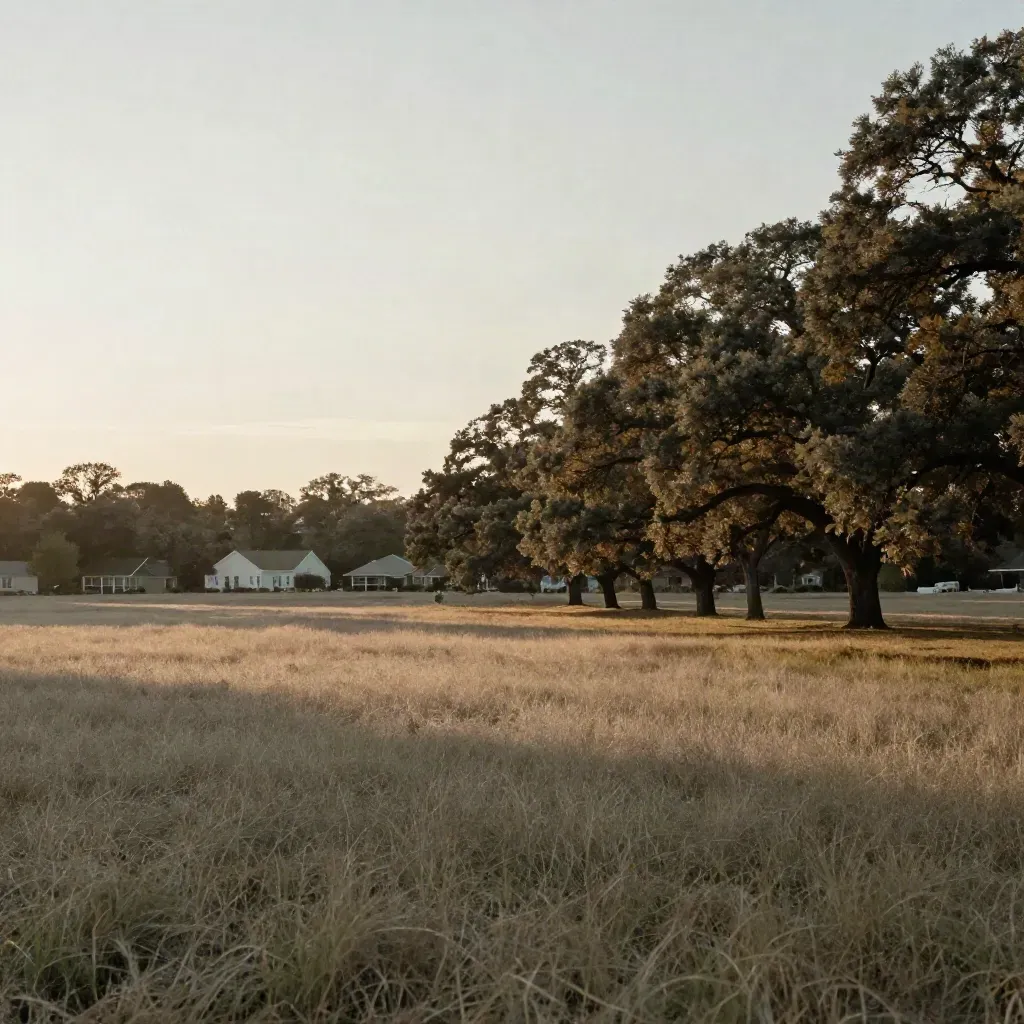 Soft dusk over West Suburbs oak savanna with low rooftops and hazy treetops