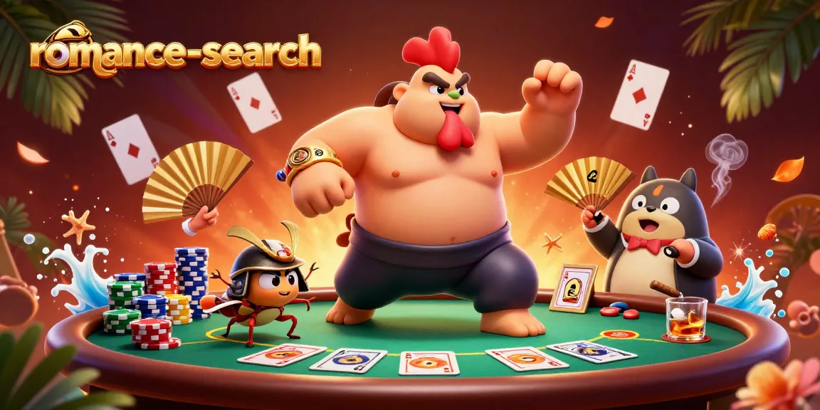 Engage in thrilling gameplay with romance-search at a lively poker table featuring dynamic casino characters.