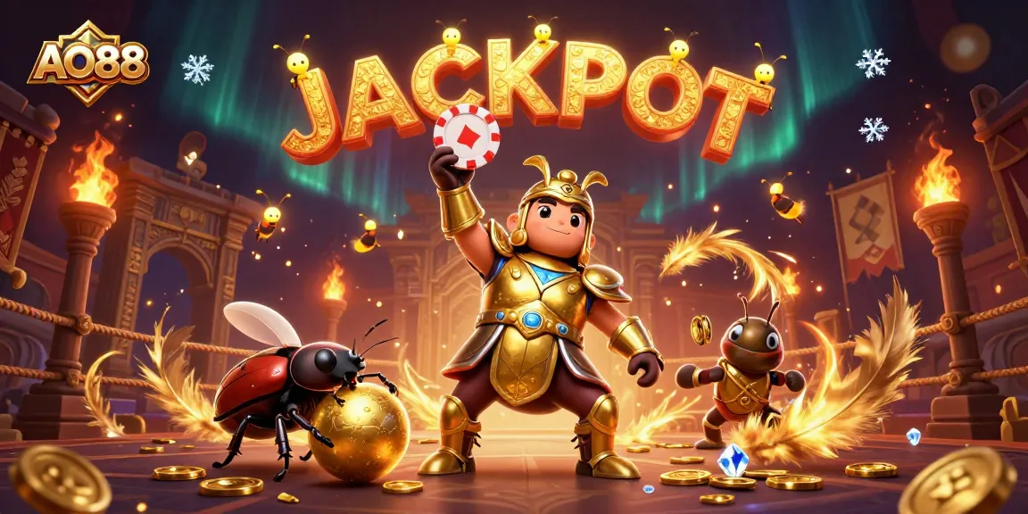 Experience the excitement of AO88 with a victorious beetle lifting a poker chip amidst a dynamic casino scene.
