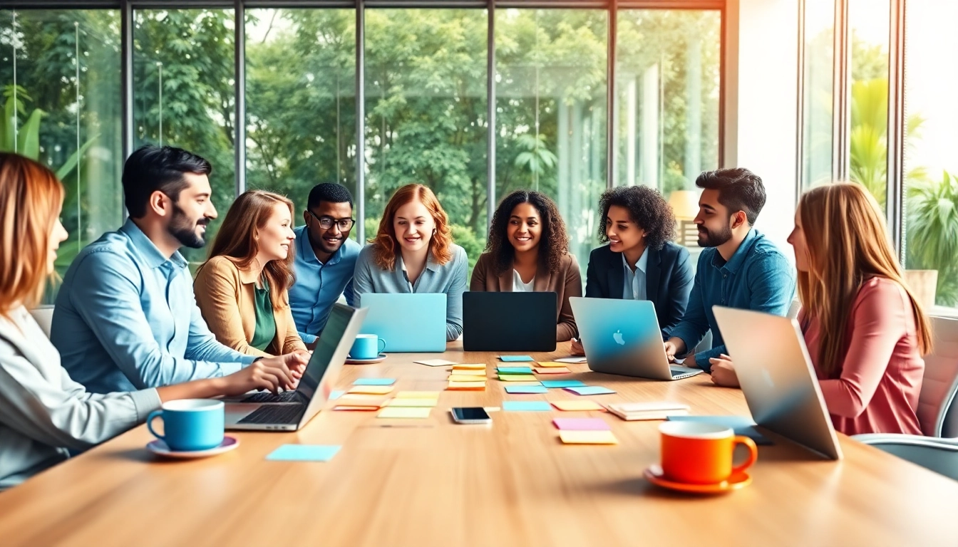 Collaborative team discussing how to achieve your goals with AI in a bright office setting.