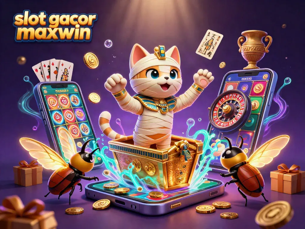 Menang besar slot gacor maxwin dengan ilustrasi kucing mummy 3D di kasino piramida.