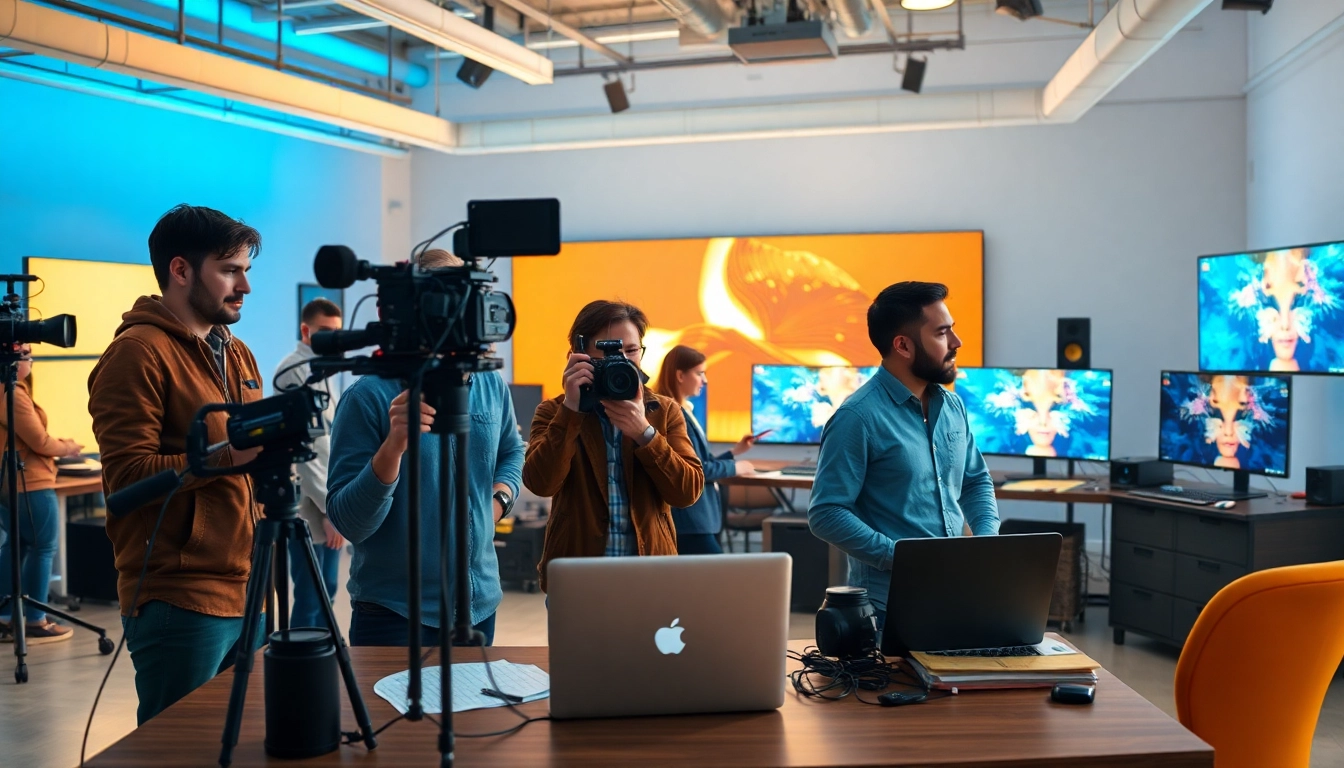 Creative team working on video production edmonton in a modern studio.