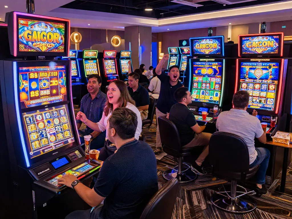 Exciting group enjoying slot gacor games in a vibrant casino atmosphere