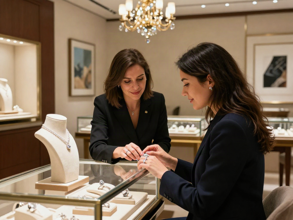LUXURY111 saat pelanggan memilih perhiasan mahal di butik elegan.