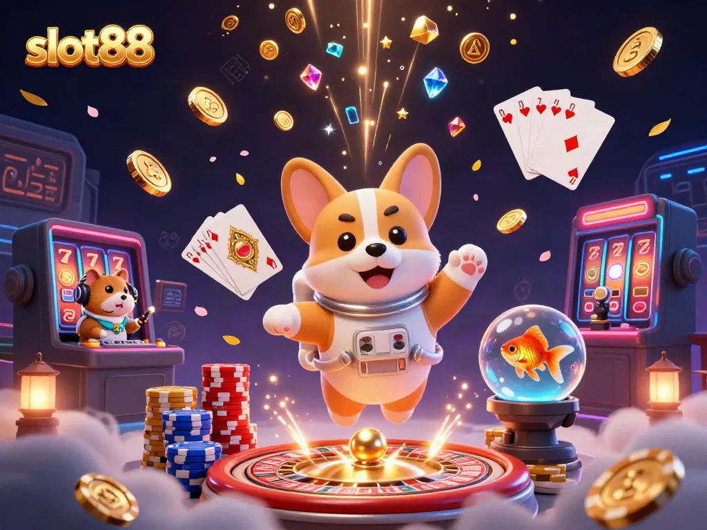 Engage with slot88 excitement as a floating corgi and friends explore a space station casino.