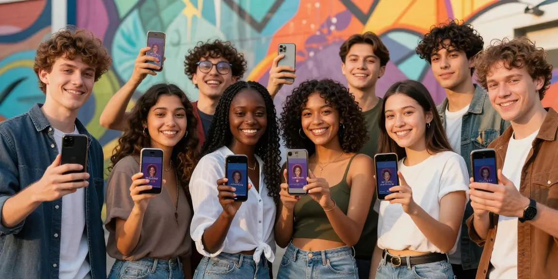 Group of friends engaging with the test of attractiveness scores at sunset.
