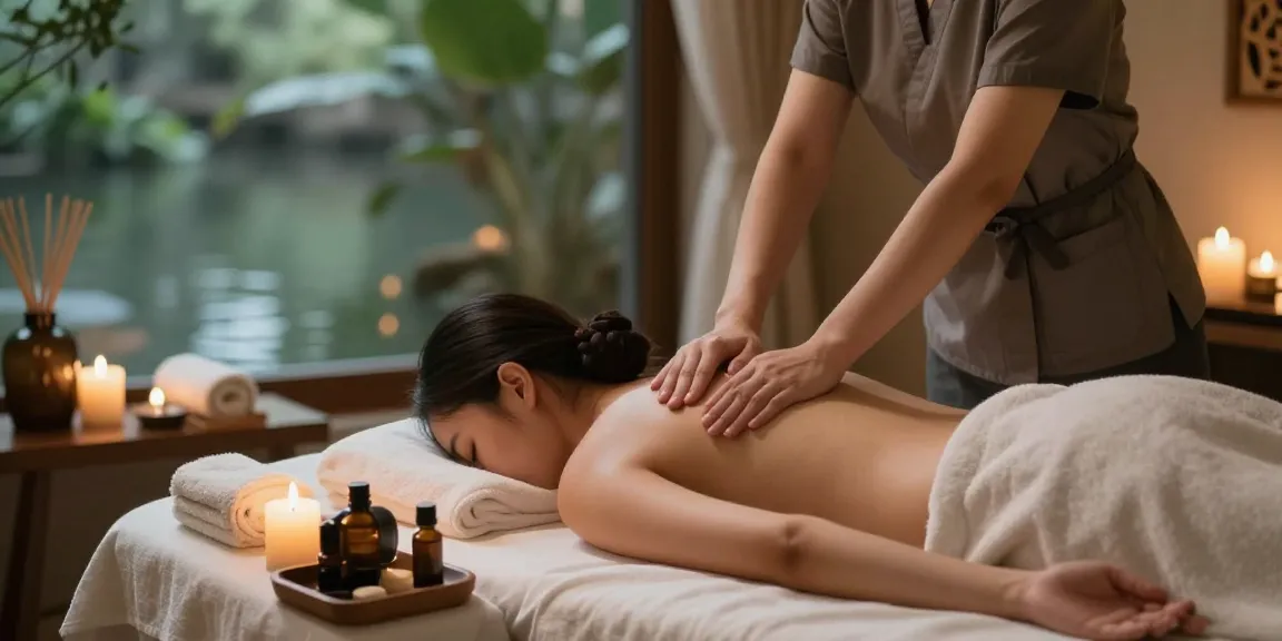 마사지 치료를 받는 고객과 마사지사가 있는 편안한 스파 방