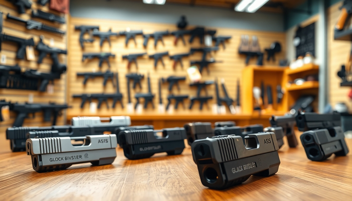 Showcase of glock slides featuring detailed designs and finishes in a professional gun shop.